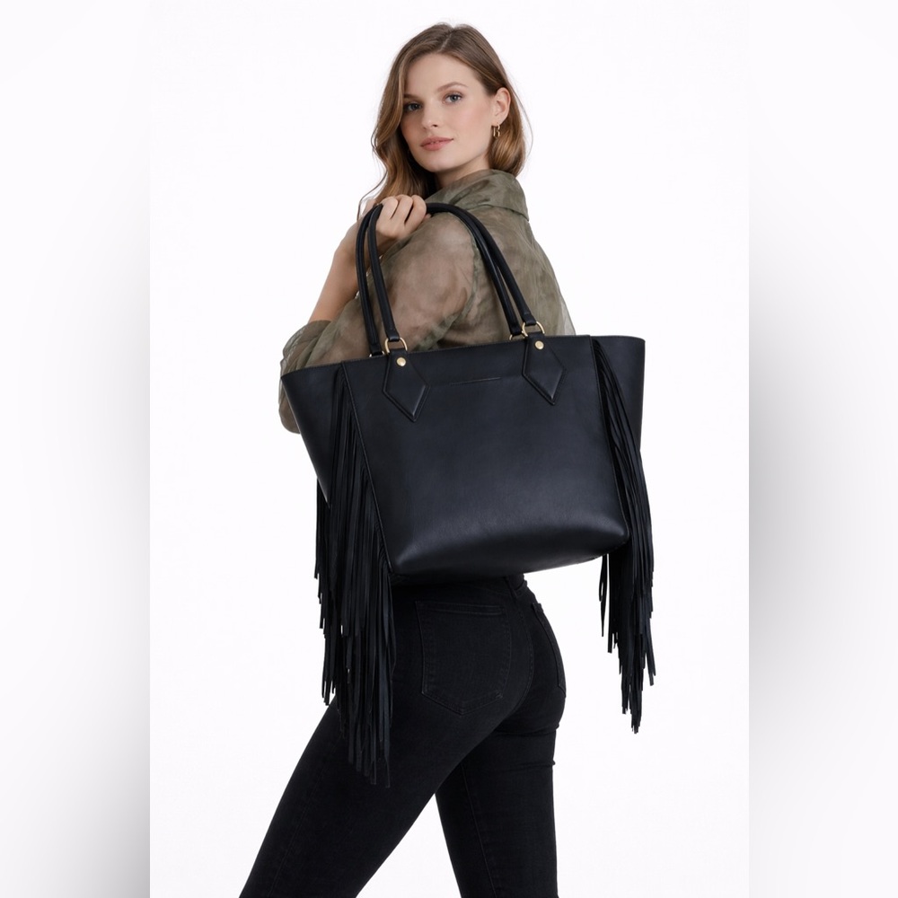Diane von Furstenberg Voyage East West Fringe Tote Black Leather Shoulder Bag